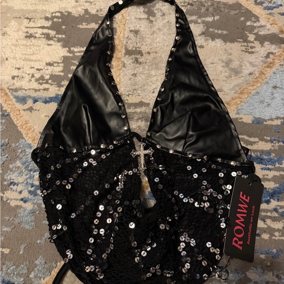 ROMWE Tops - ROMWE Black Sequin Halter Top